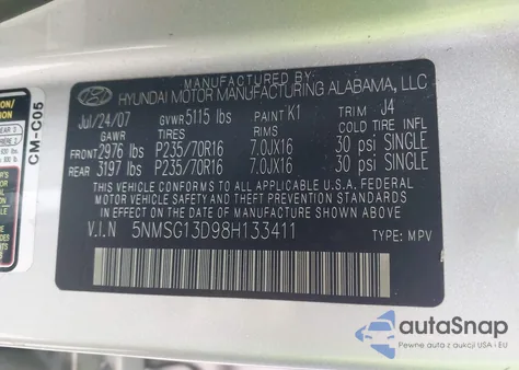 2008 Hyundai Santa Fe Gls из США, поврежденный, VIN 5NMSG13D98H133411